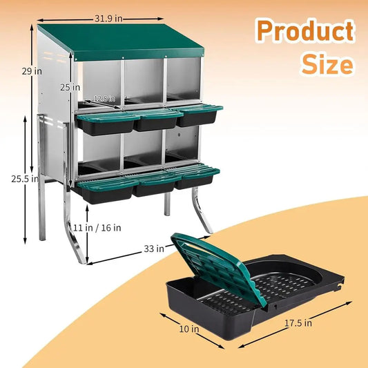 6-Compartment Metal Chicken Nesting Box with Roll-Away Egg Collection