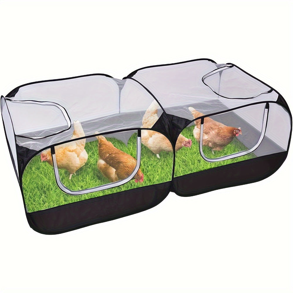 Large foldable chicken cage tent with 360-degree transparent mesh panels and zipper entry