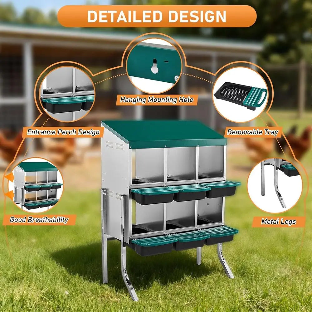 6-Compartment Metal Chicken Nesting Box with Roll-Away Egg Collection