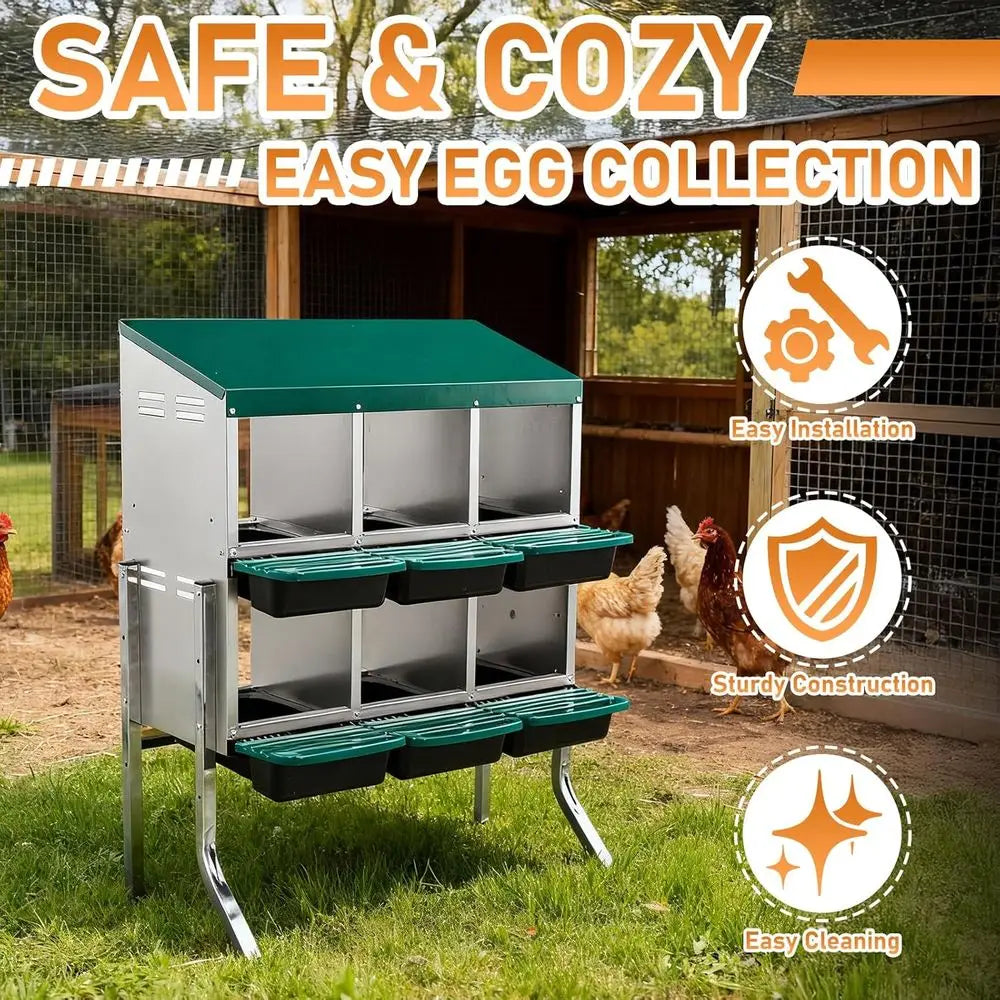 6-Compartment Metal Chicken Nesting Box with Roll-Away Egg Collection