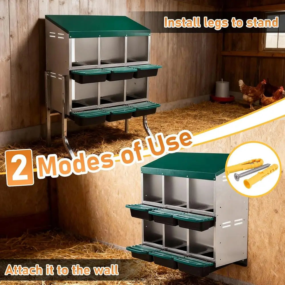 6-Compartment Metal Chicken Nesting Box with Roll-Away Egg Collection